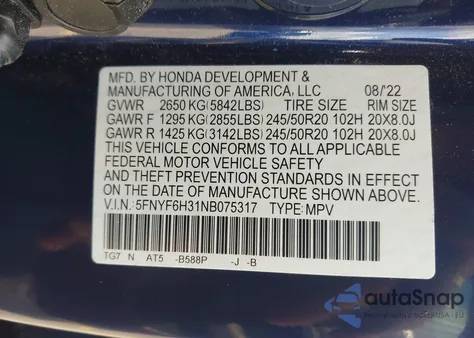 2022 Honda Pilot Awd Sport из США, поврежденный, VIN 5FNYF6H31NB075317